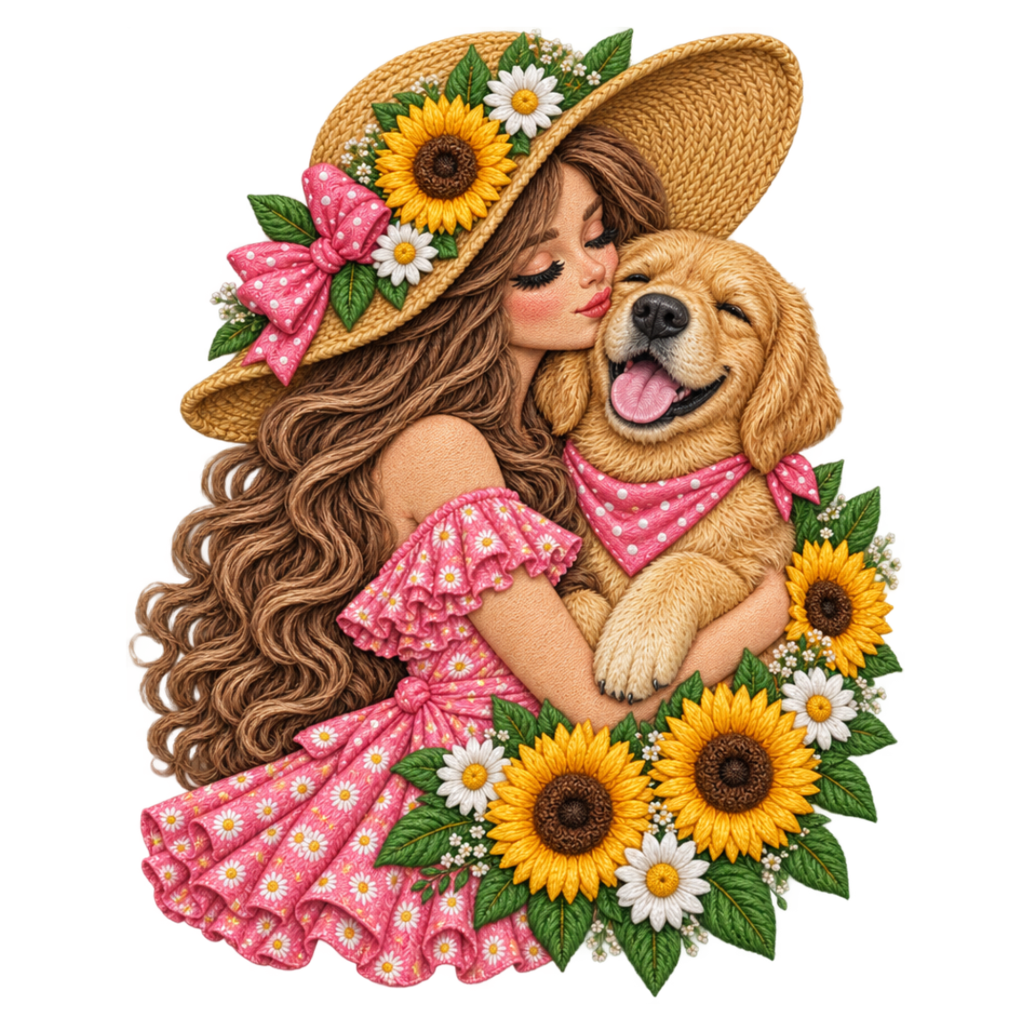 Girl Hugging Golden Retriever with Sunflowers and Floral Embroidery Design