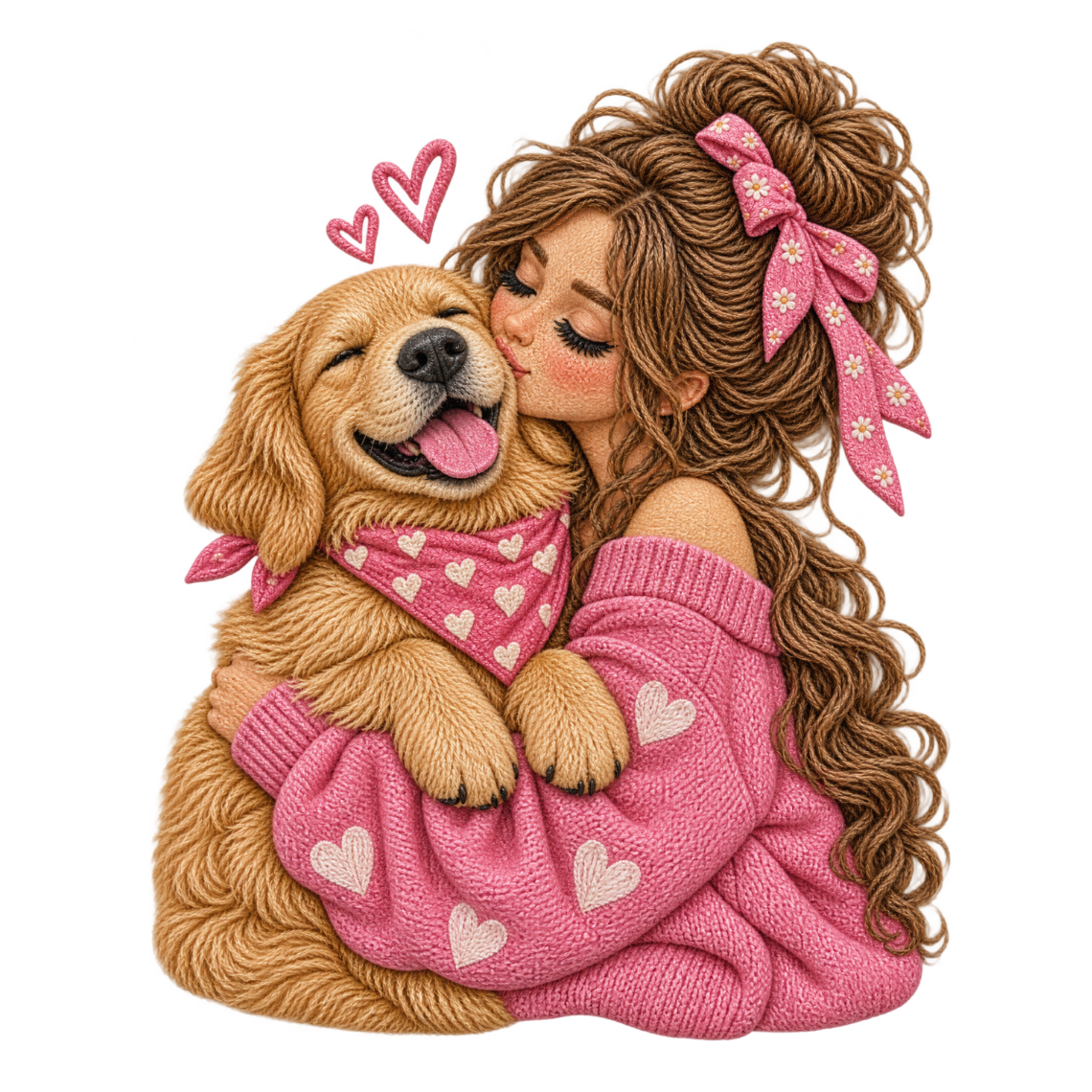 Girl Kissing Golden Retriever in Pink Sweater Embroidery Design