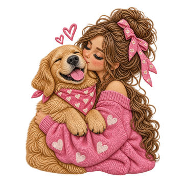 Girl Kissing Golden Retriever in Pink Sweater Embroidery Design
