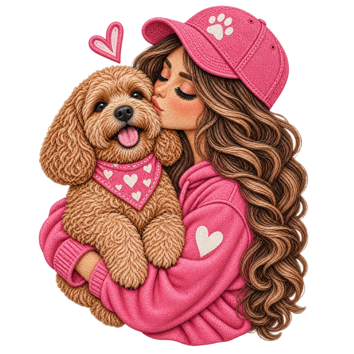 Girl Hugging Fluffy Brown Dog with Pink Hearts Embroidery Design