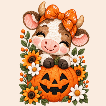 Cute Cow with Pumpkin and Floral Bow Halloween Embroidery Design