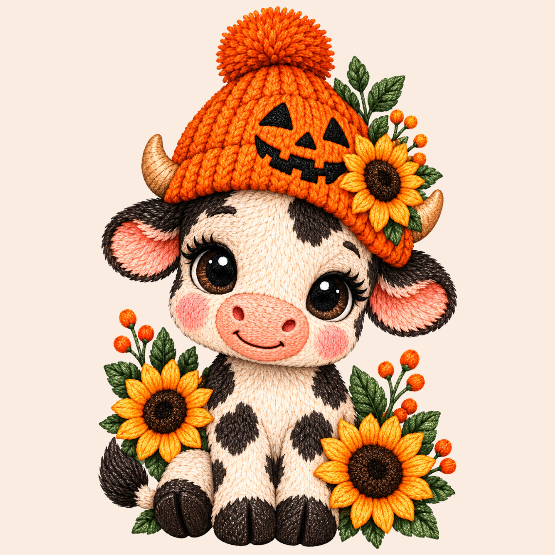 Cute Halloween Cow with Pumpkin Hat and Sunflowers Embroidery Design