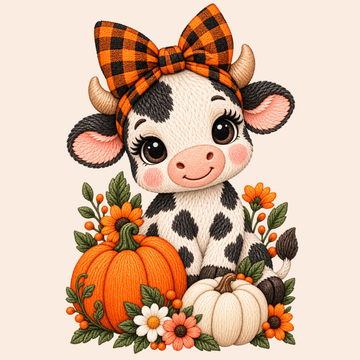Cute Cow with Pumpkin Orange Bow and Sunflowers Fall Embroidery Design