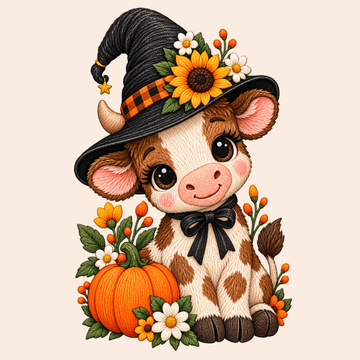Cute Witch Cow with Sunflower and Pumpkin Halloween Embroidery Design
