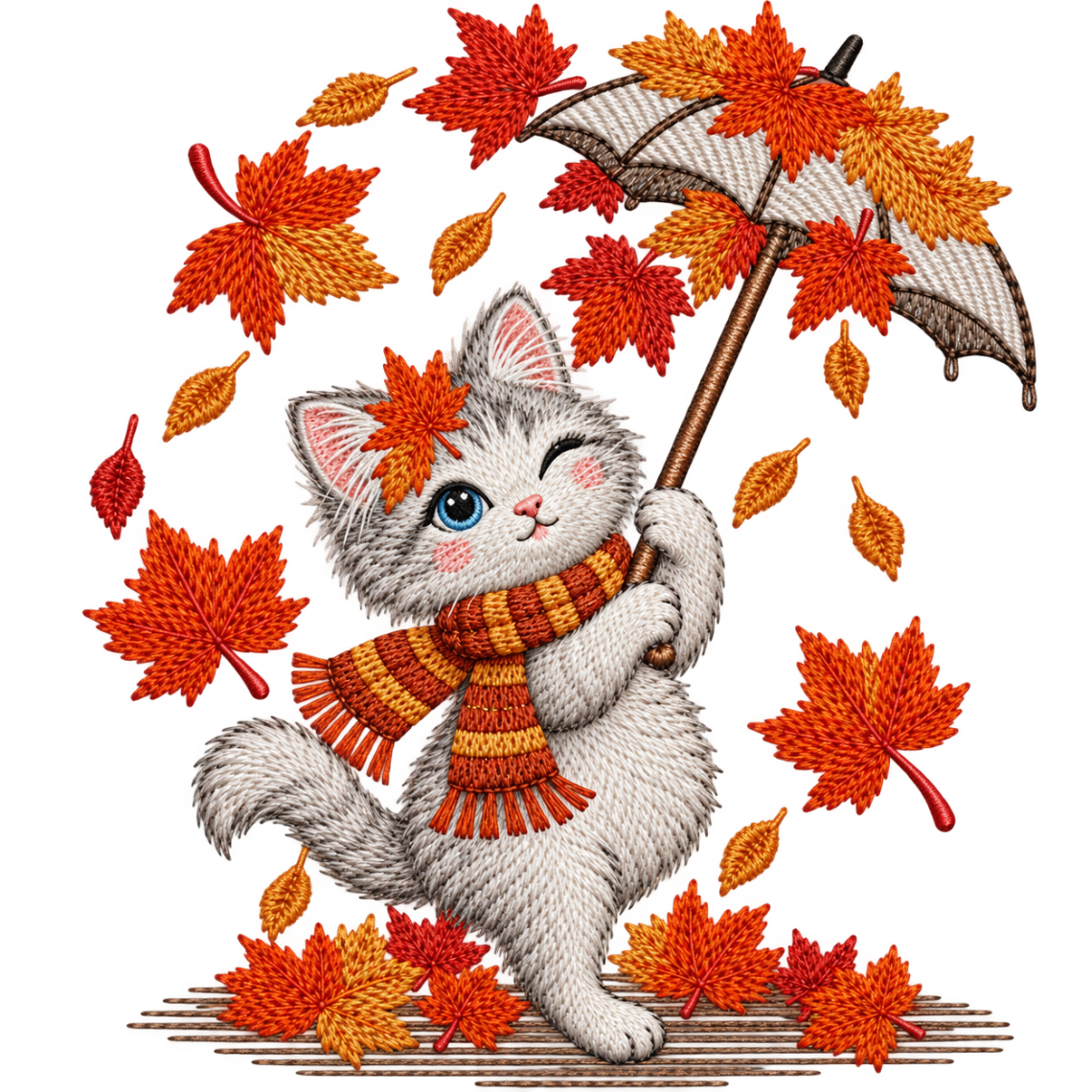 Cute Autumn Cat with Umbrella Embroidery Design