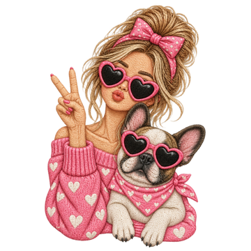 Girl and French Bulldog with Pink Hearts Sunglasses Embroidery Design