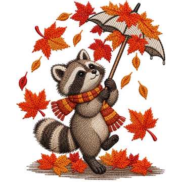 Autumn Raccoon with Umbrella Embroidery Design