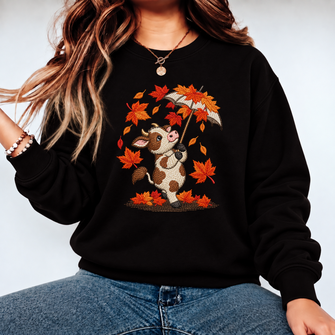 Cute Autumn Cow with Umbrella Embroidery Design