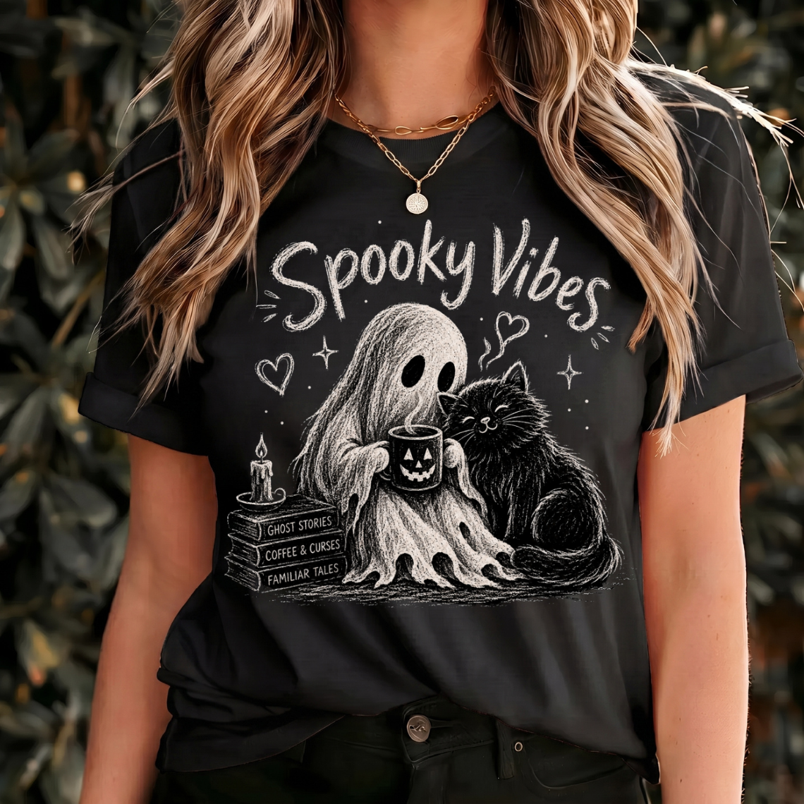 Spooky Vibes Halloween Shirt, Ghost and Black Cat Tee, Cozy Halloween Shirt, Witchy Cat Design, Vintage Spooky Graphic