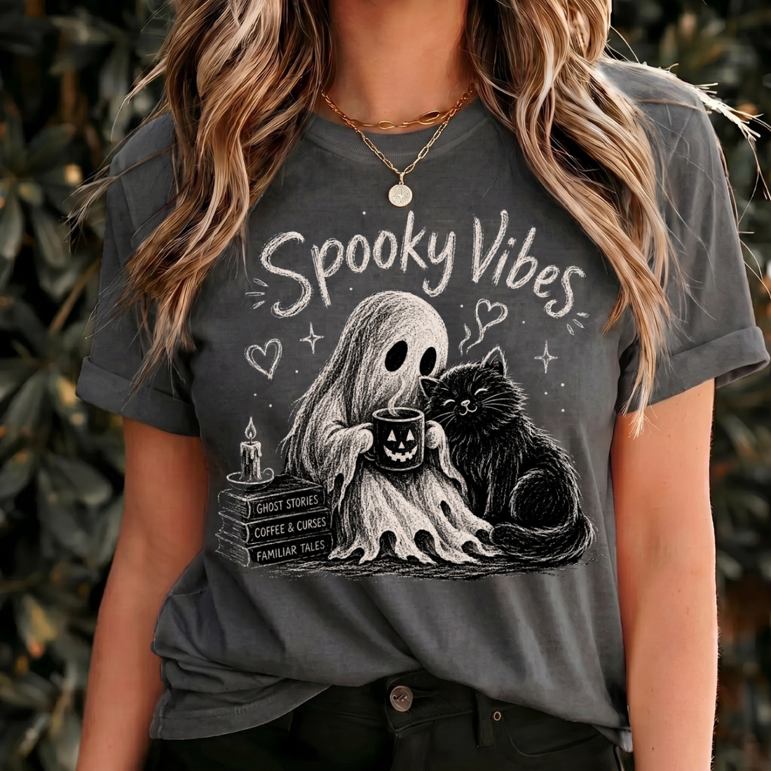 Spooky Vibes Halloween Shirt, Ghost and Black Cat Tee, Cozy Halloween Shirt, Witchy Cat Design, Vintage Spooky Graphic