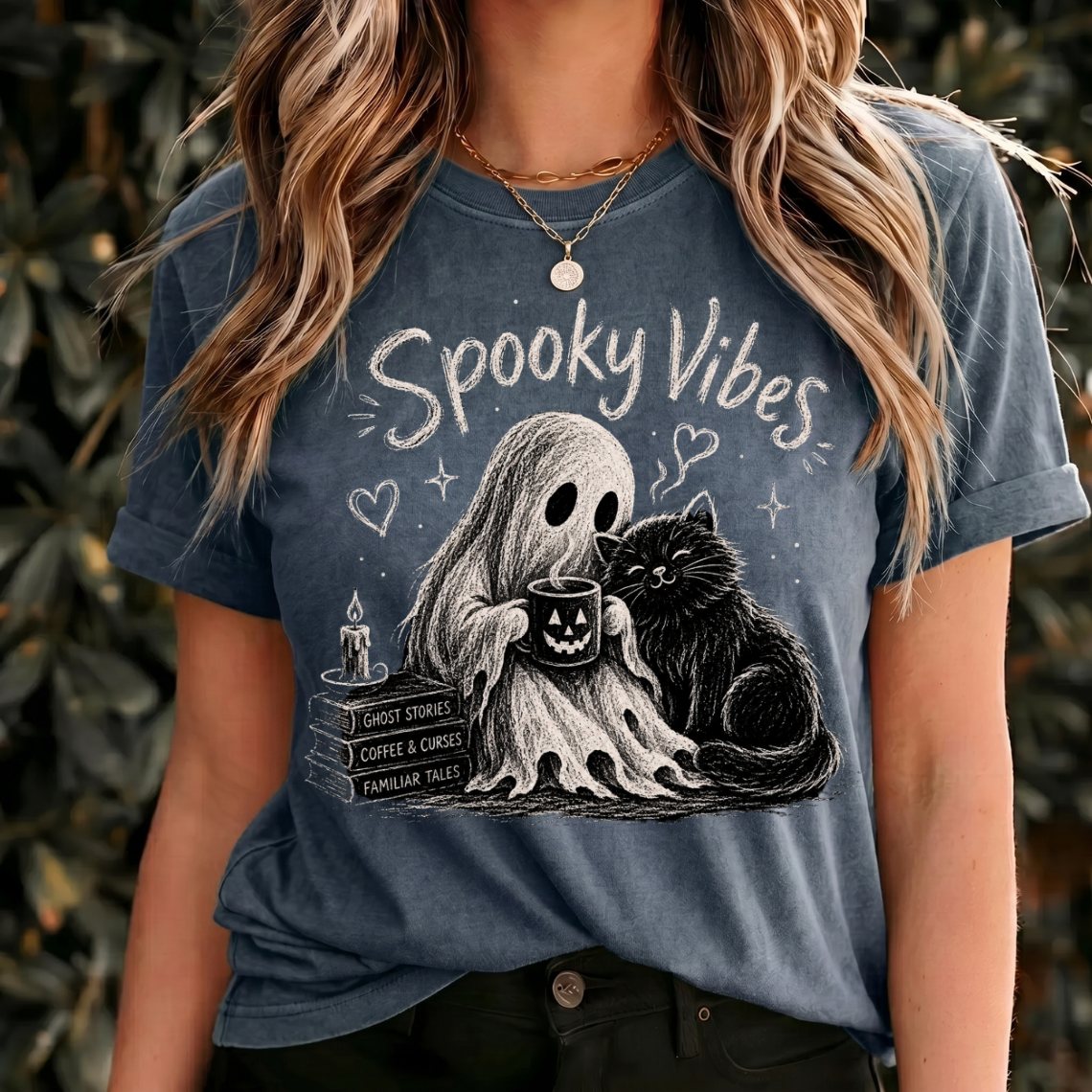 Spooky Vibes Halloween Shirt, Ghost and Black Cat Tee, Cozy Halloween Shirt, Witchy Cat Design, Vintage Spooky Graphic