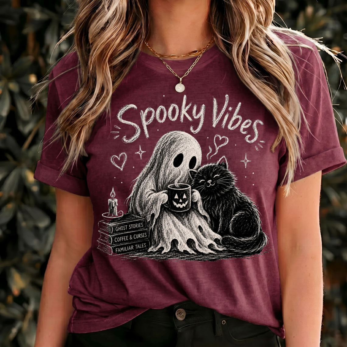 Spooky Vibes Halloween Shirt, Ghost and Black Cat Tee, Cozy Halloween Shirt, Witchy Cat Design, Vintage Spooky Graphic