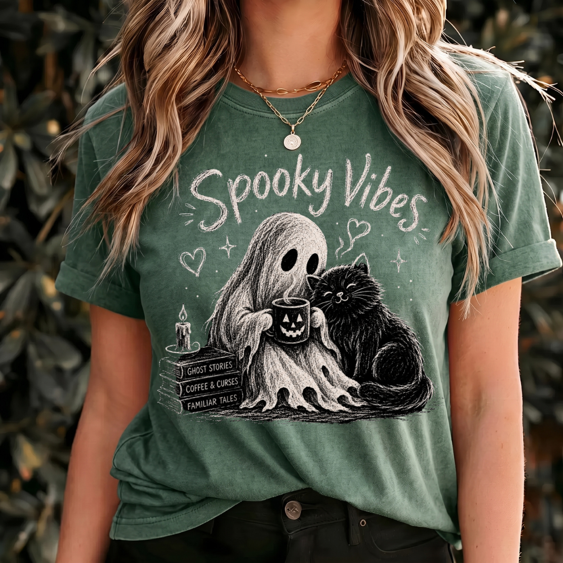 Spooky Vibes Halloween Shirt, Ghost and Black Cat Tee, Cozy Halloween Shirt, Witchy Cat Design, Vintage Spooky Graphic