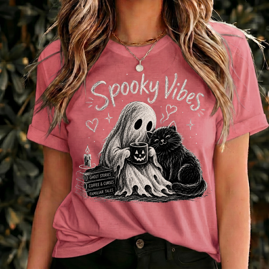 Spooky Vibes Halloween Shirt, Ghost and Black Cat Tee, Cozy Halloween Shirt, Witchy Cat Design, Vintage Spooky Graphic