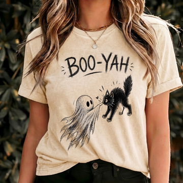 Boo Yah Halloween Shirt, Ghost Cat Shirt, Cute Spooky Tee, Black Cat Halloween Shirt, Gothic Vintage Gift