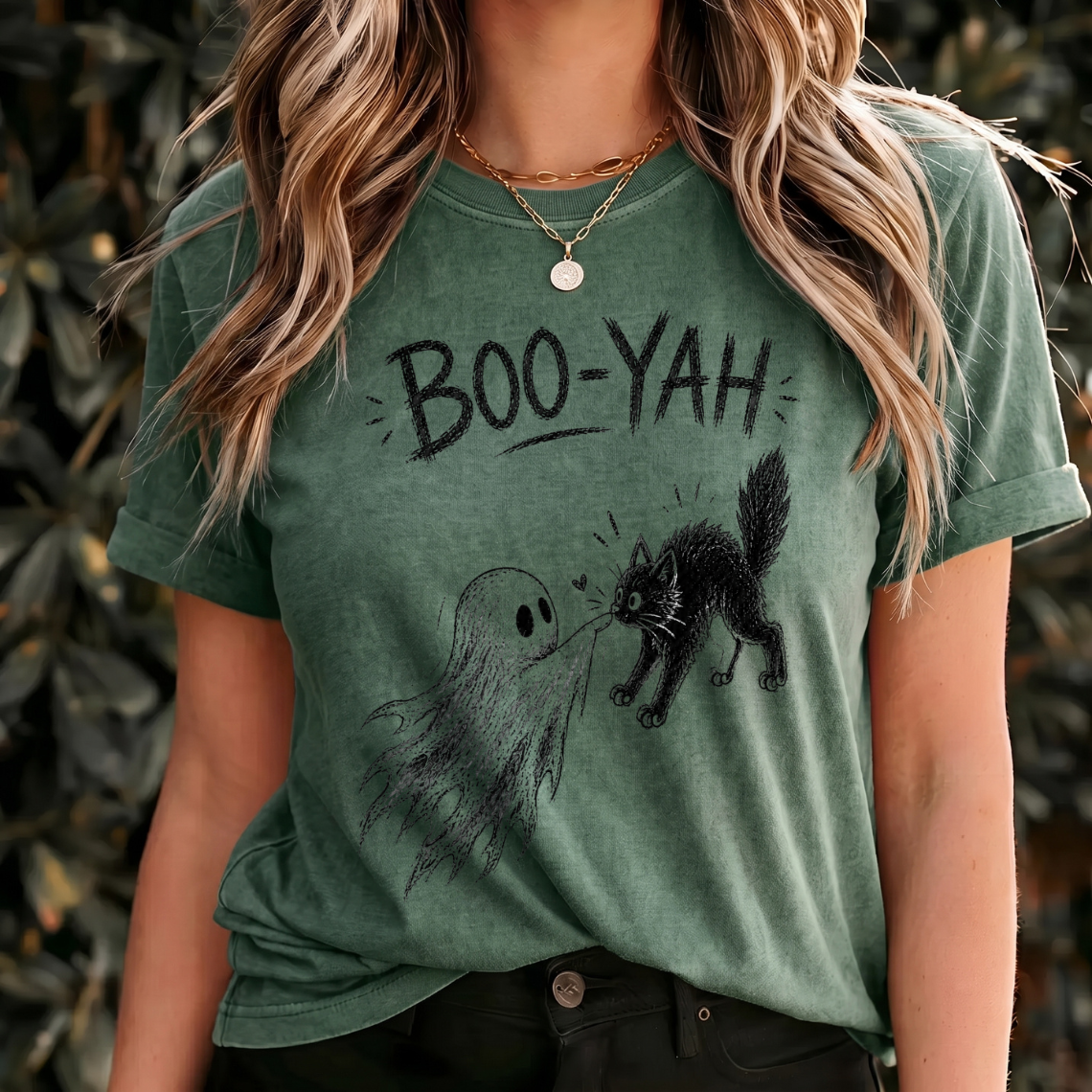 Boo Yah Halloween Shirt, Ghost Cat Shirt, Cute Spooky Tee, Black Cat Halloween Shirt, Gothic Vintage Gift