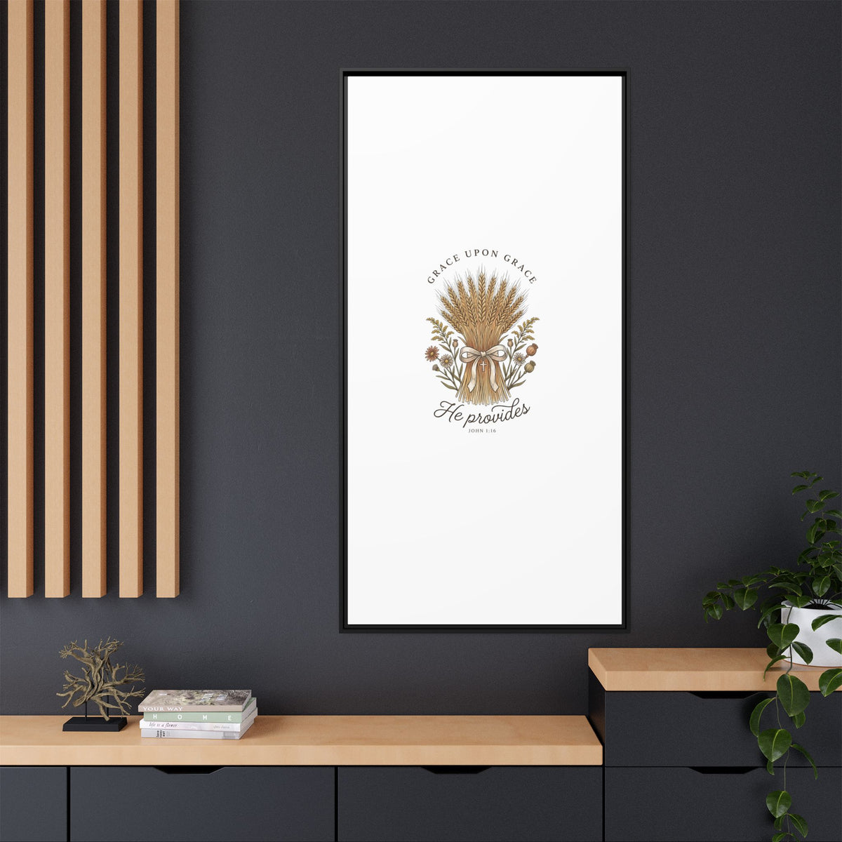 Framed Matte Canvas Wall Art — "He Provides" Wheat & Floral Religious Print