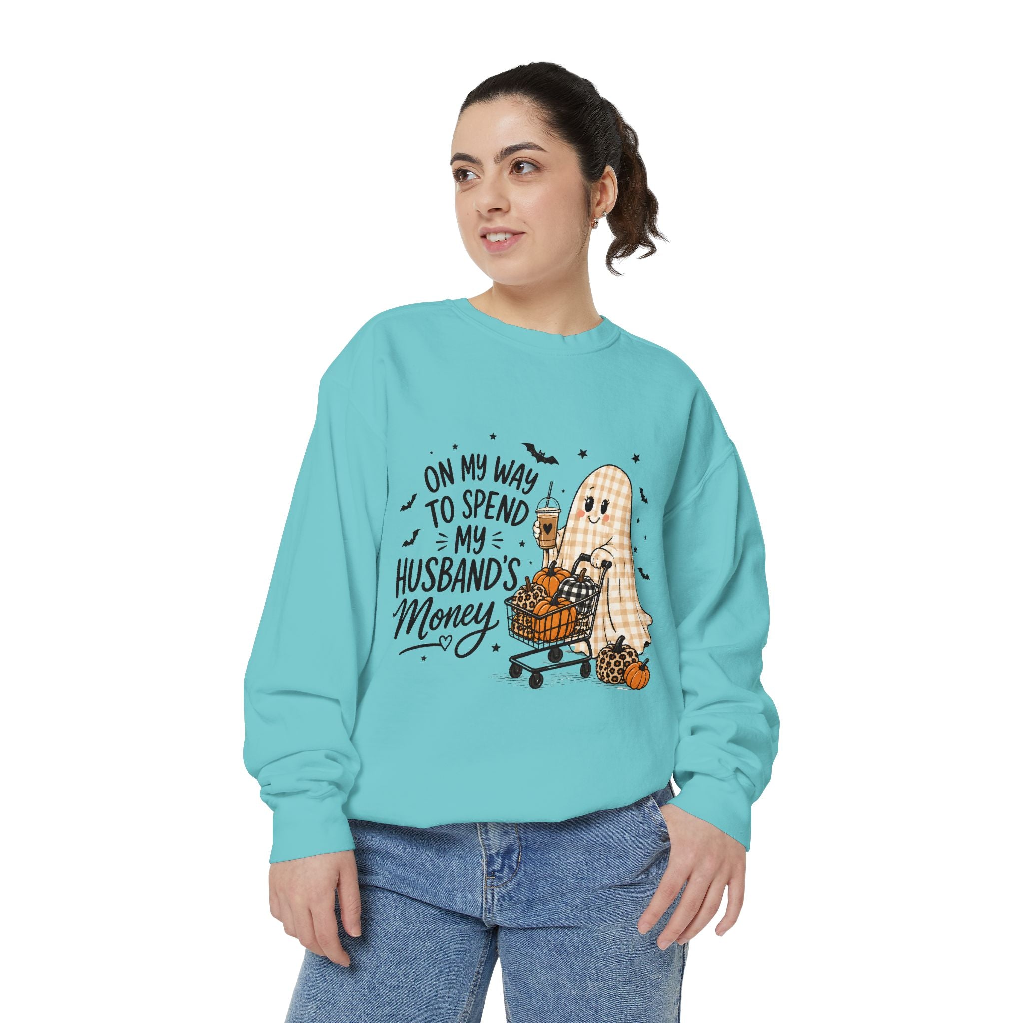 Halloween Ghost Sweatshirt — “On My Way to Spend My Husband’s Money” Cozy Pullover