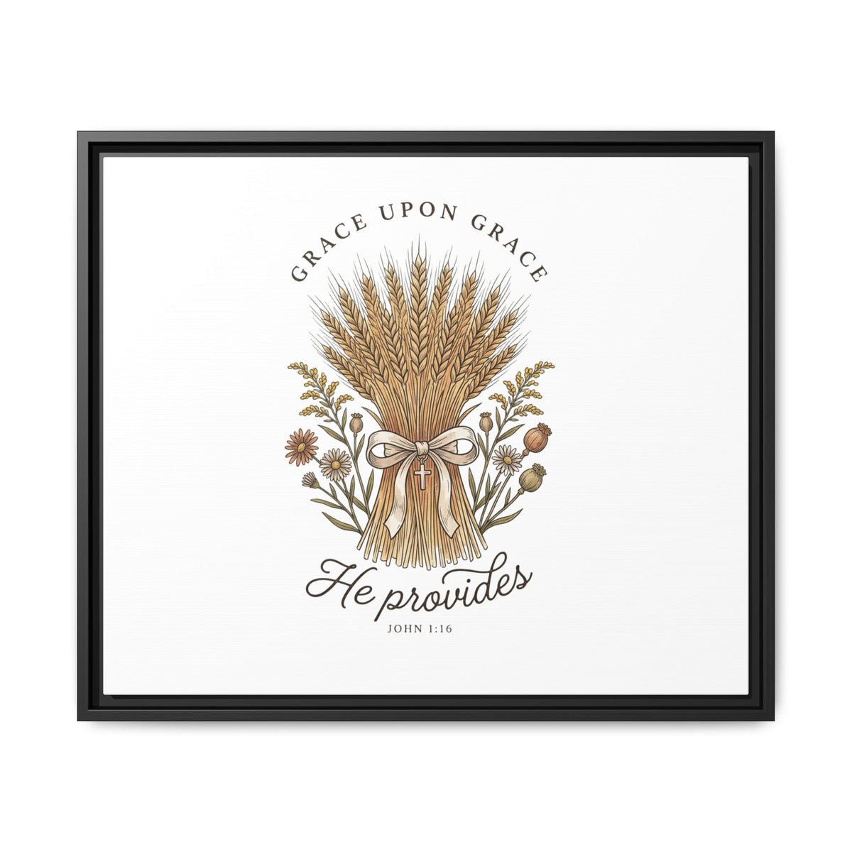 Framed Matte Canvas Wall Art — "He Provides" Wheat & Floral Religious Print
