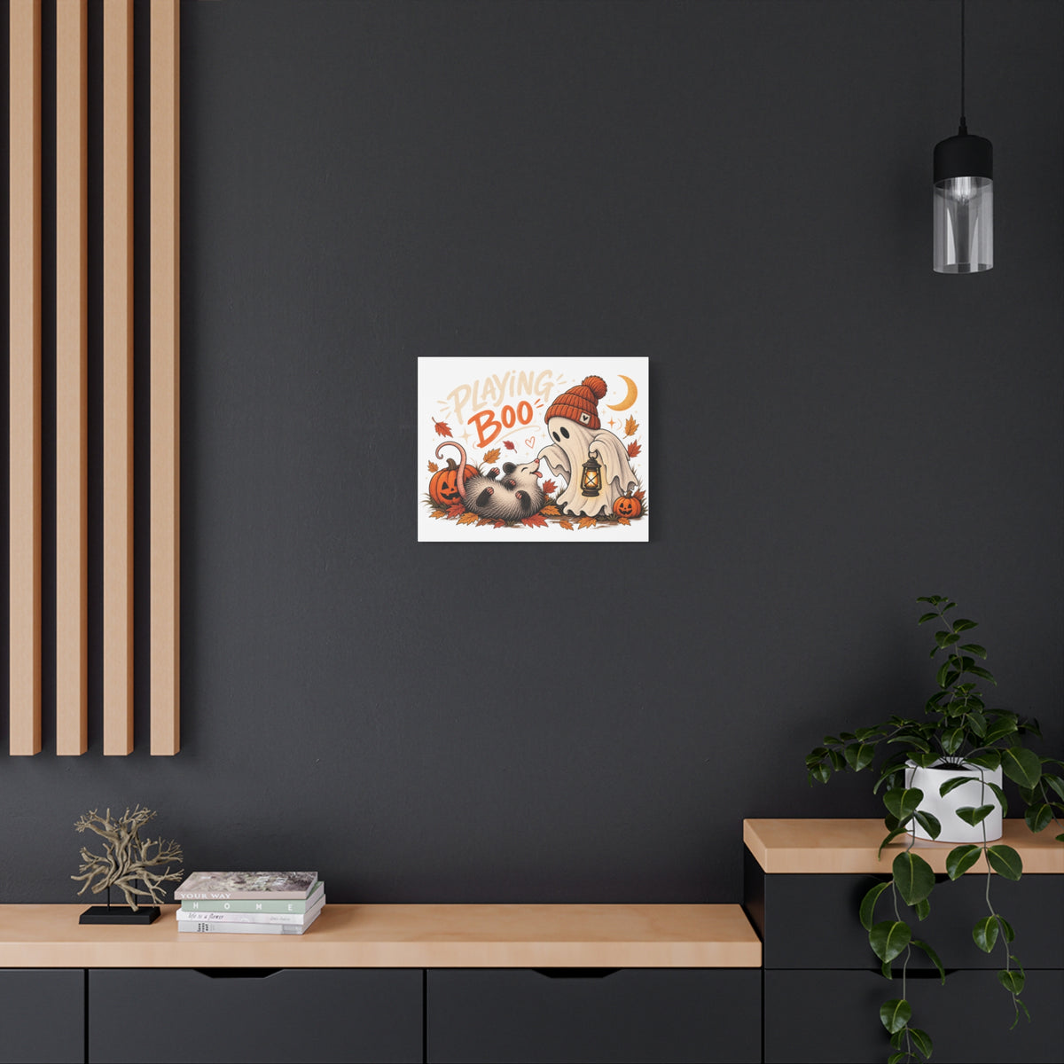 Playing Boo Canvas Wall Art — Cute Halloween Ghost & Possum Matte Stretched Print