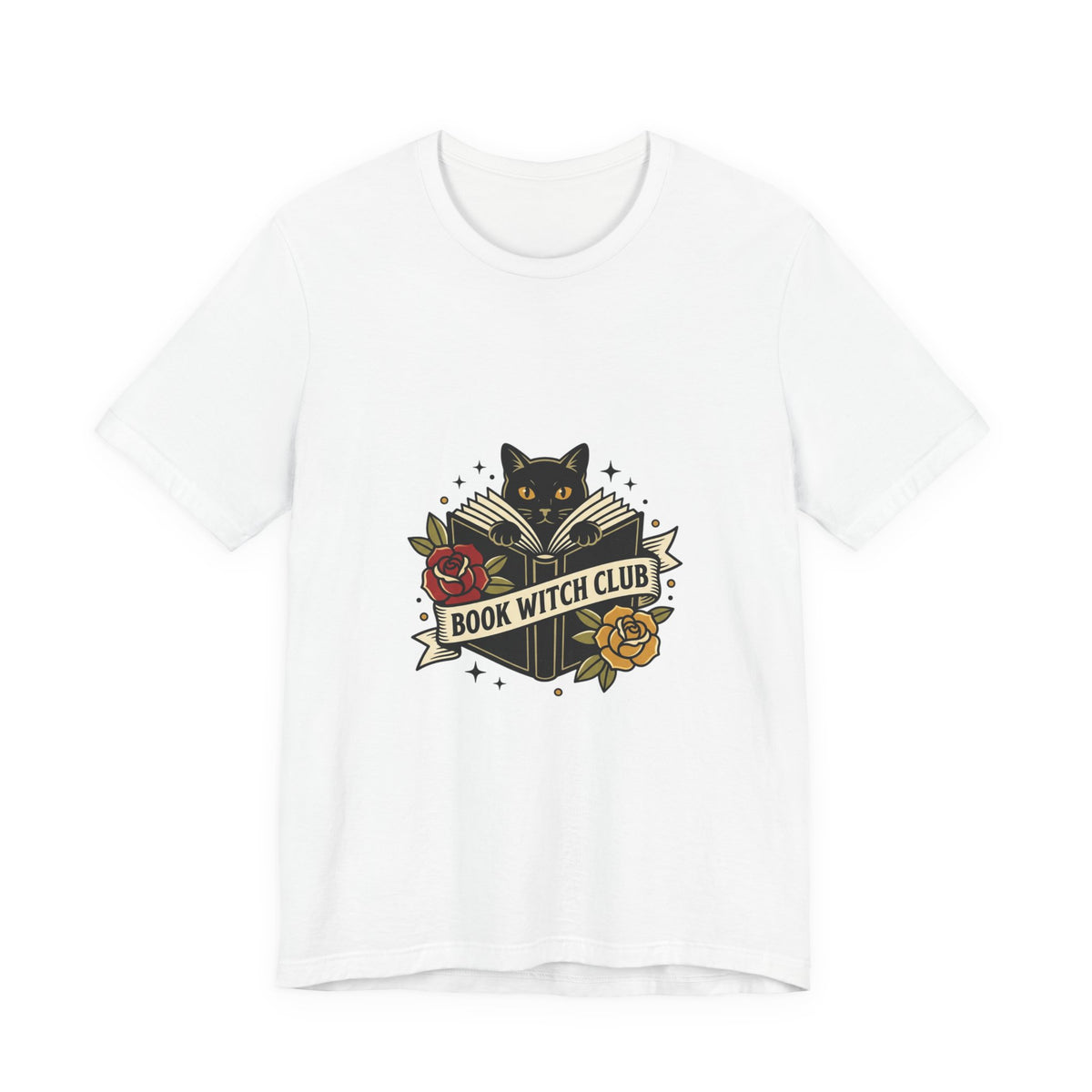 Book Witch Club tee | Traditional tattoo flash cat, roses, banner