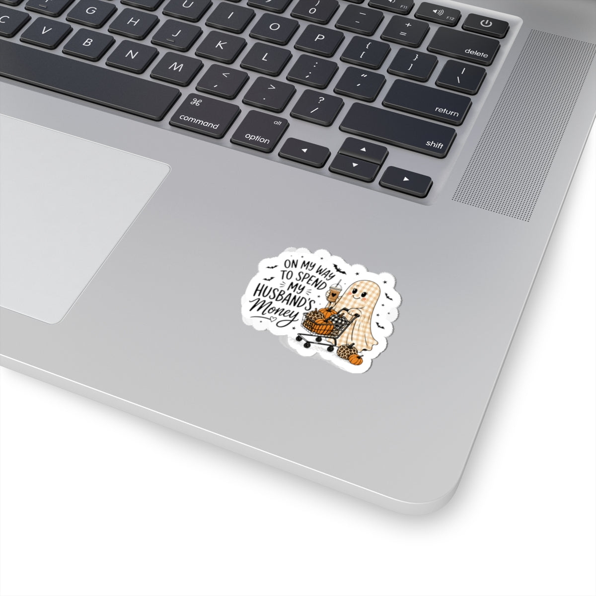 Halloween Ghost Sticker — "On My Way to Spend My Husband’s Money" Kiss-Cut Decal