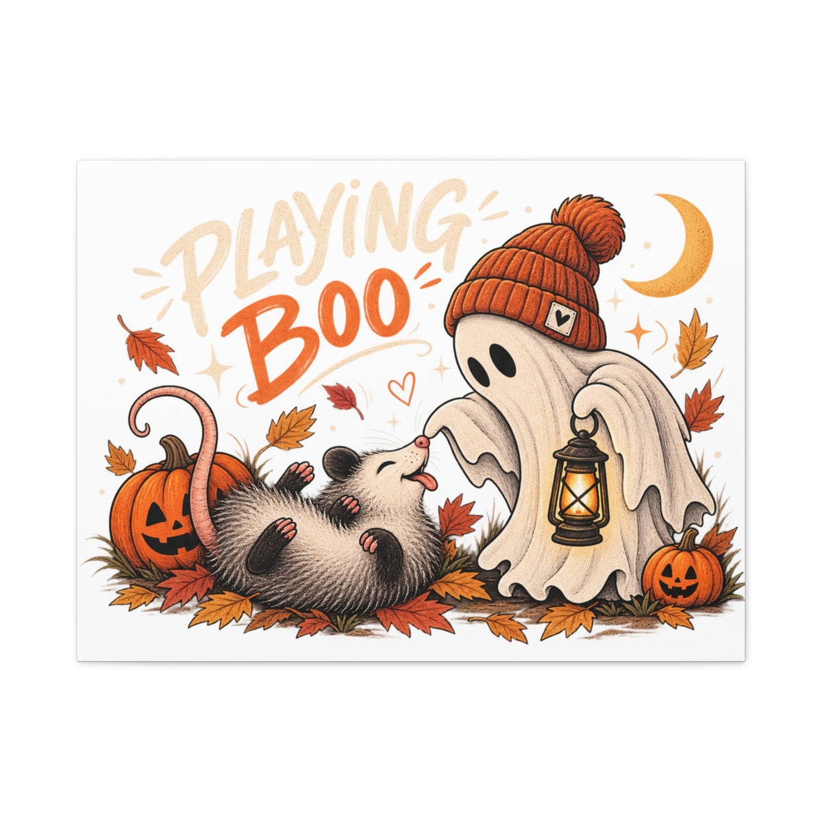 Playing Boo Canvas Wall Art — Cute Halloween Ghost & Possum Matte Stretched Print