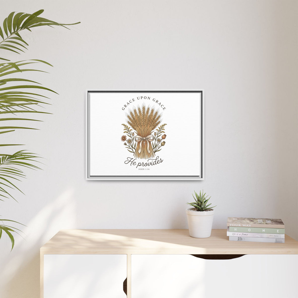 Framed Matte Canvas Wall Art — "He Provides" Wheat & Floral Religious Print