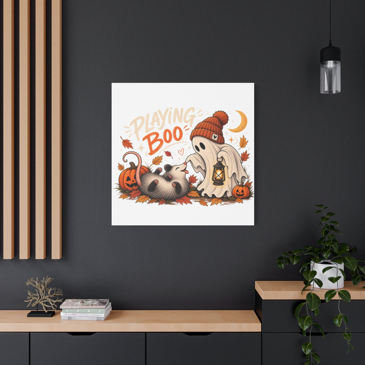 Playing Boo Canvas Wall Art — Cute Halloween Ghost & Possum Matte Stretched Print