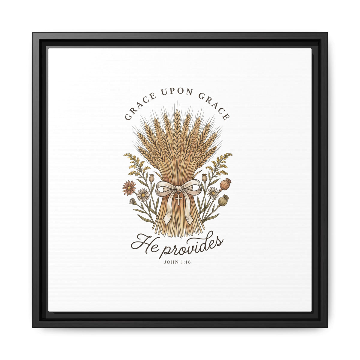 Framed Matte Canvas Wall Art — "He Provides" Wheat & Floral Religious Print