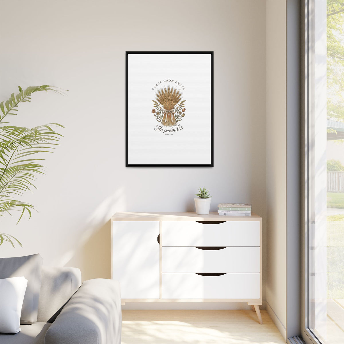 Framed Matte Canvas Wall Art — "He Provides" Wheat & Floral Religious Print