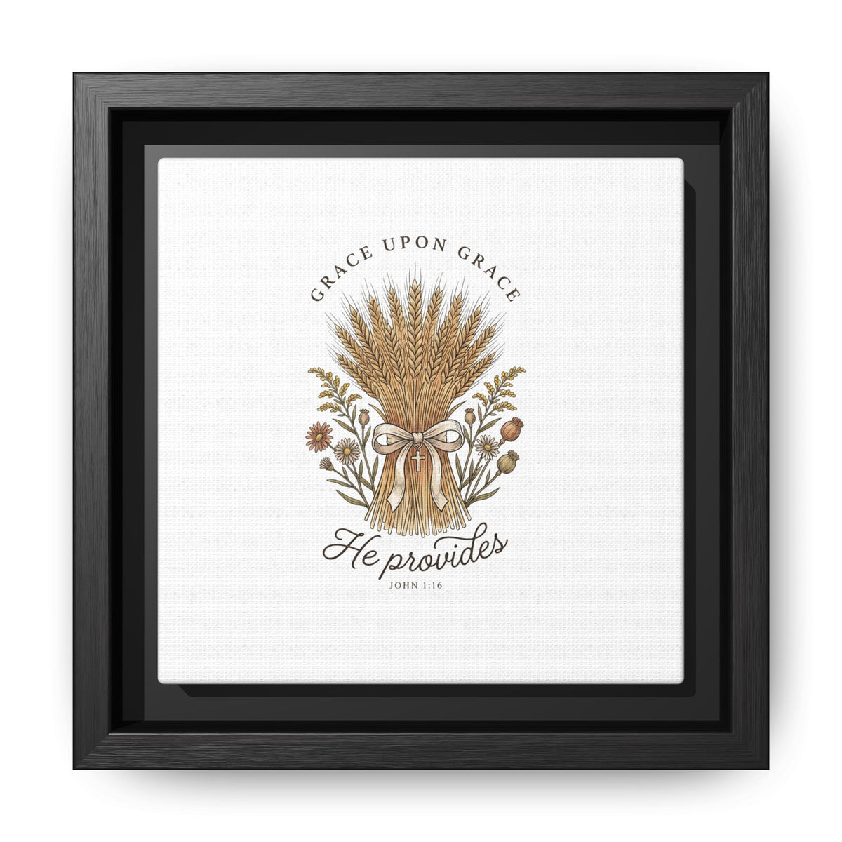 Framed Matte Canvas Wall Art — "He Provides" Wheat & Floral Religious Print