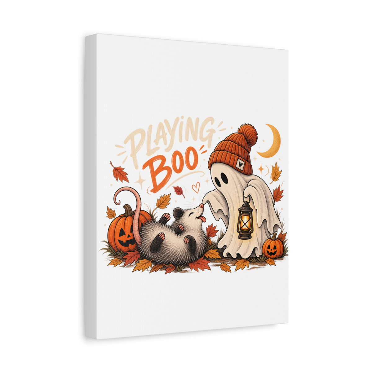 Playing Boo Canvas Wall Art — Cute Halloween Ghost & Possum Matte Stretched Print