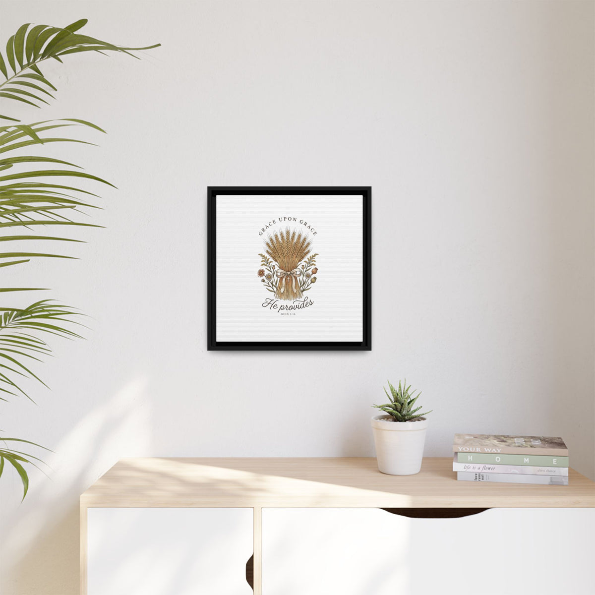 Framed Matte Canvas Wall Art — "He Provides" Wheat & Floral Religious Print