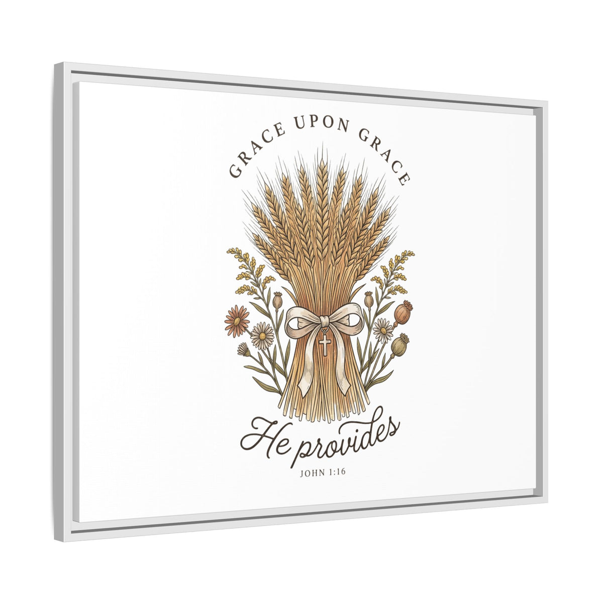 Framed Matte Canvas Wall Art — "He Provides" Wheat & Floral Religious Print