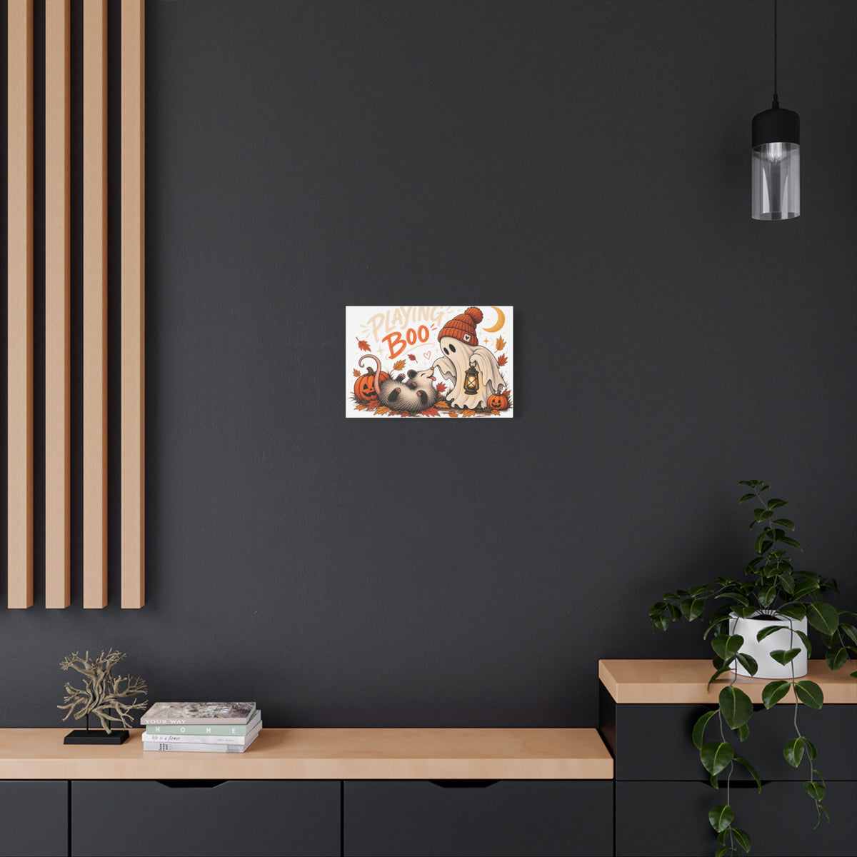 Playing Boo Canvas Wall Art — Cute Halloween Ghost & Possum Matte Stretched Print