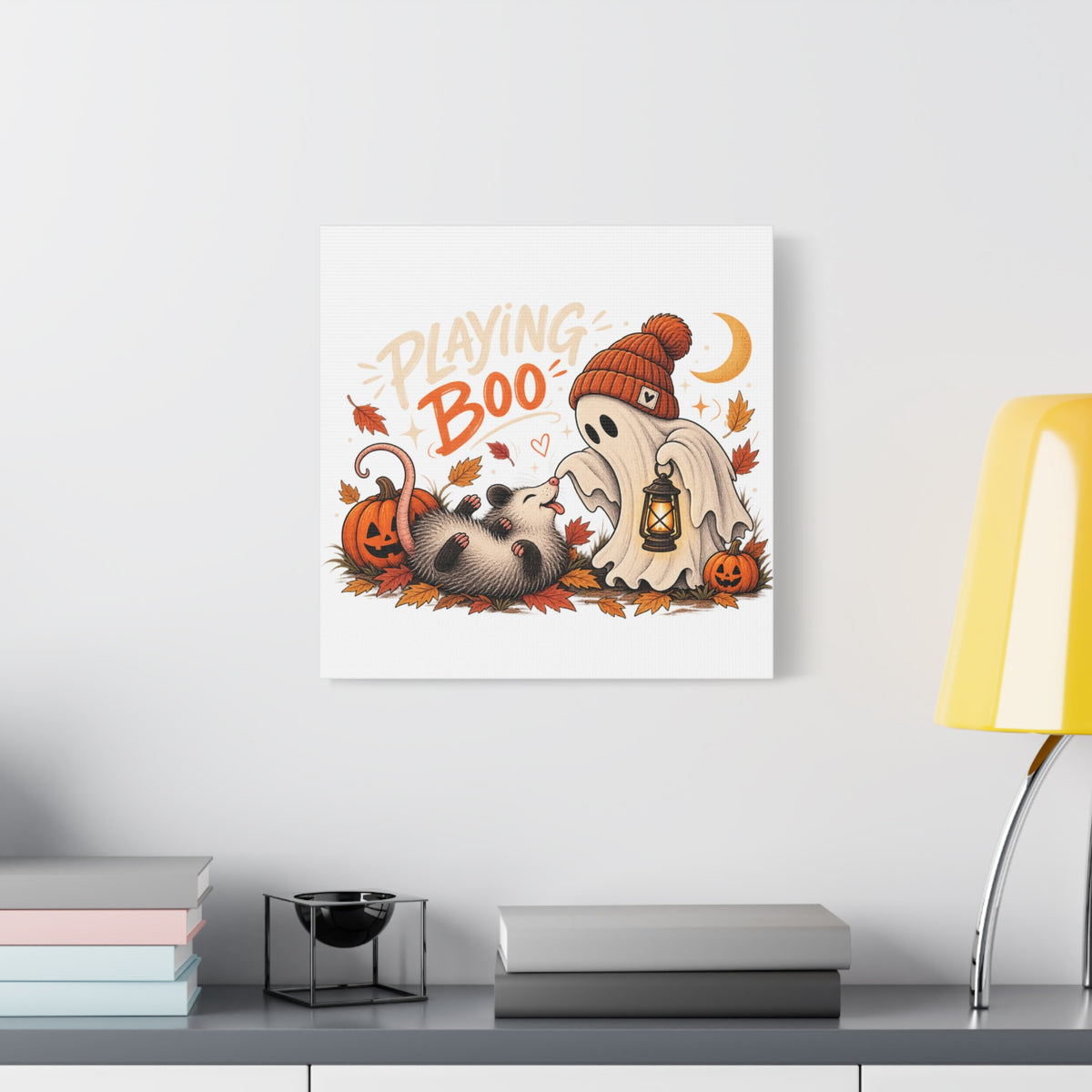 Playing Boo Canvas Wall Art — Cute Halloween Ghost & Possum Matte Stretched Print