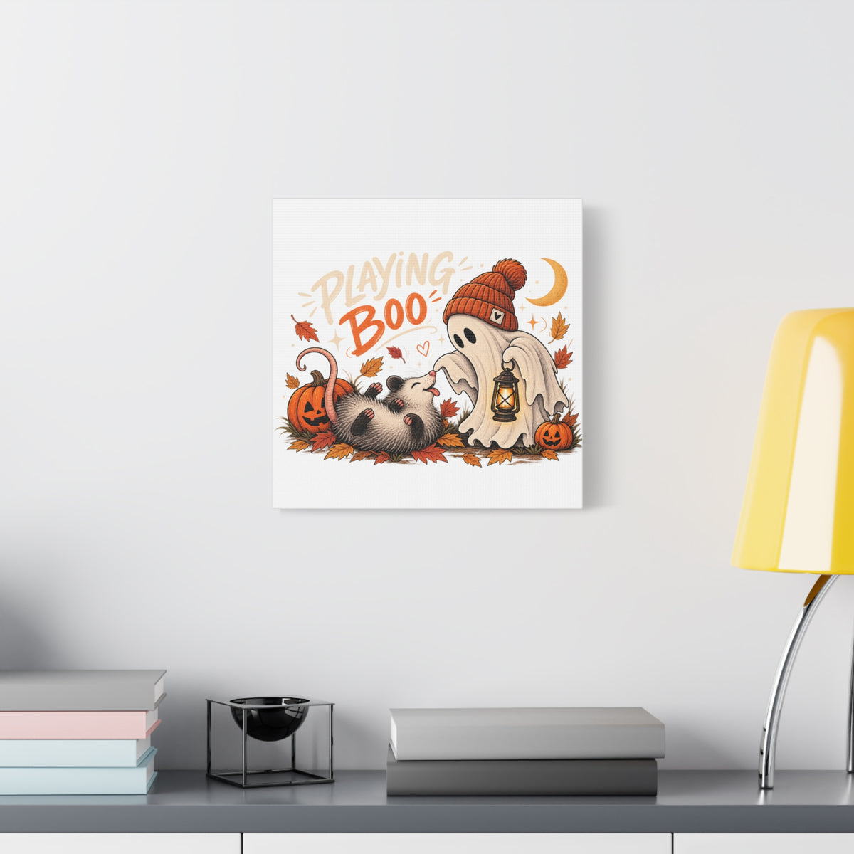Playing Boo Canvas Wall Art — Cute Halloween Ghost & Possum Matte Stretched Print