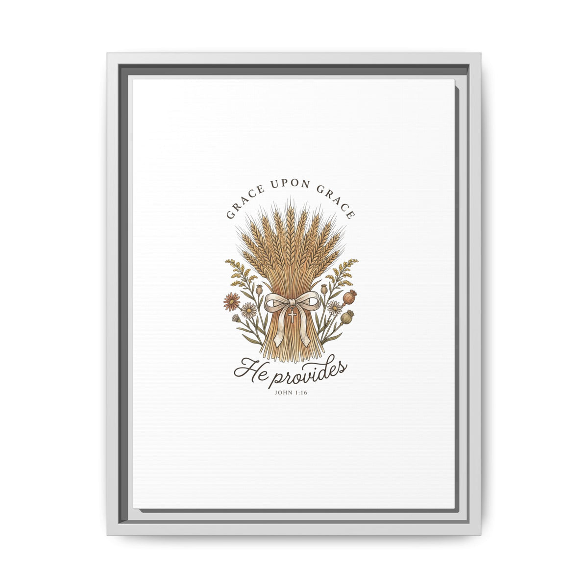 Framed Matte Canvas Wall Art — "He Provides" Wheat & Floral Religious Print