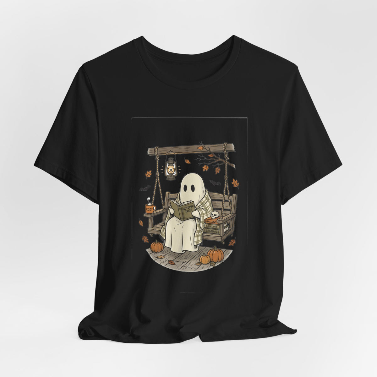 Ghost Reading in Armchair T-Shirt | Spooky Reader, Pumpkin & Candle