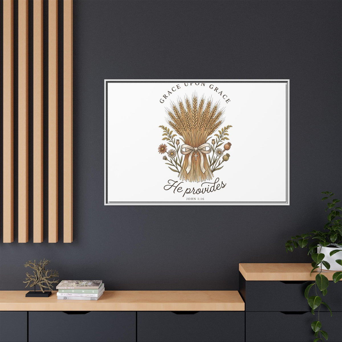 Framed Matte Canvas Wall Art — "He Provides" Wheat & Floral Religious Print