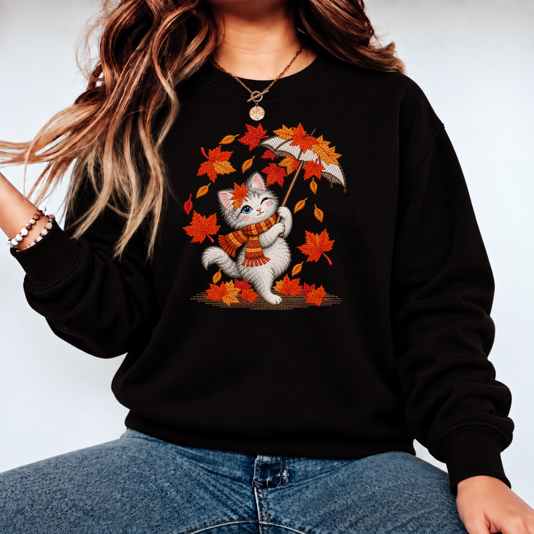 Cute Autumn Cat with Umbrella Embroidery Design