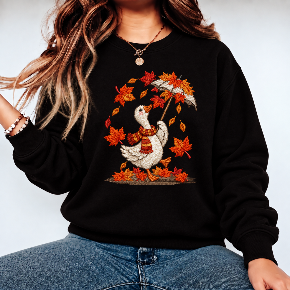 Autumn Duck with Umbrella Embroidery Design