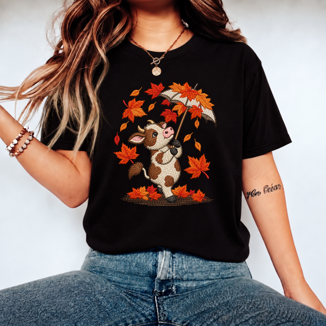 Cute Autumn Cow with Umbrella Embroidery Design