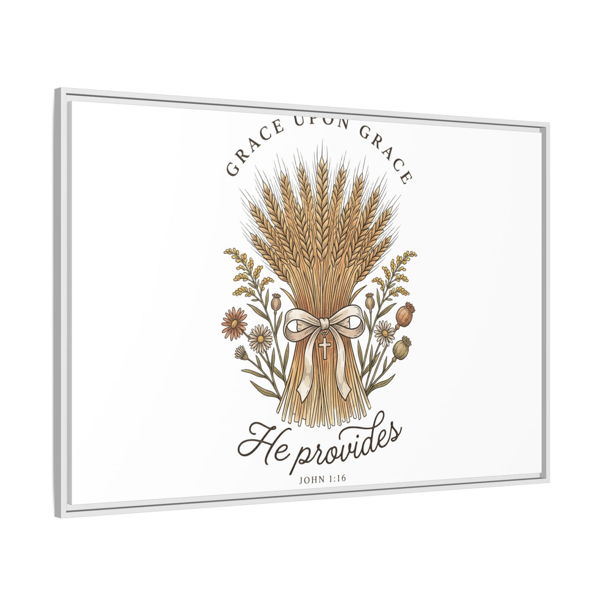 Framed Matte Canvas Wall Art — "He Provides" Wheat & Floral Religious Print