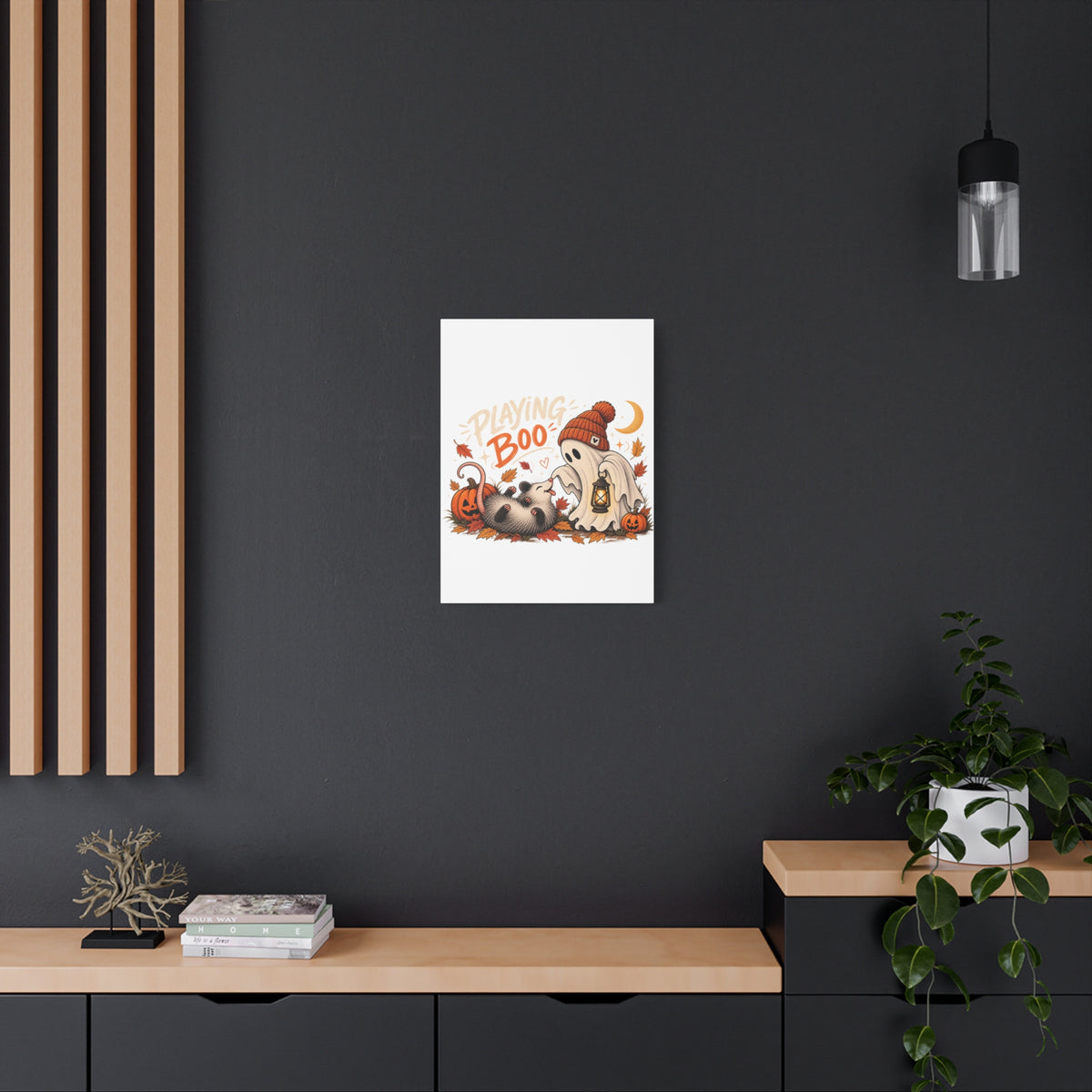 Playing Boo Canvas Wall Art — Cute Halloween Ghost & Possum Matte Stretched Print