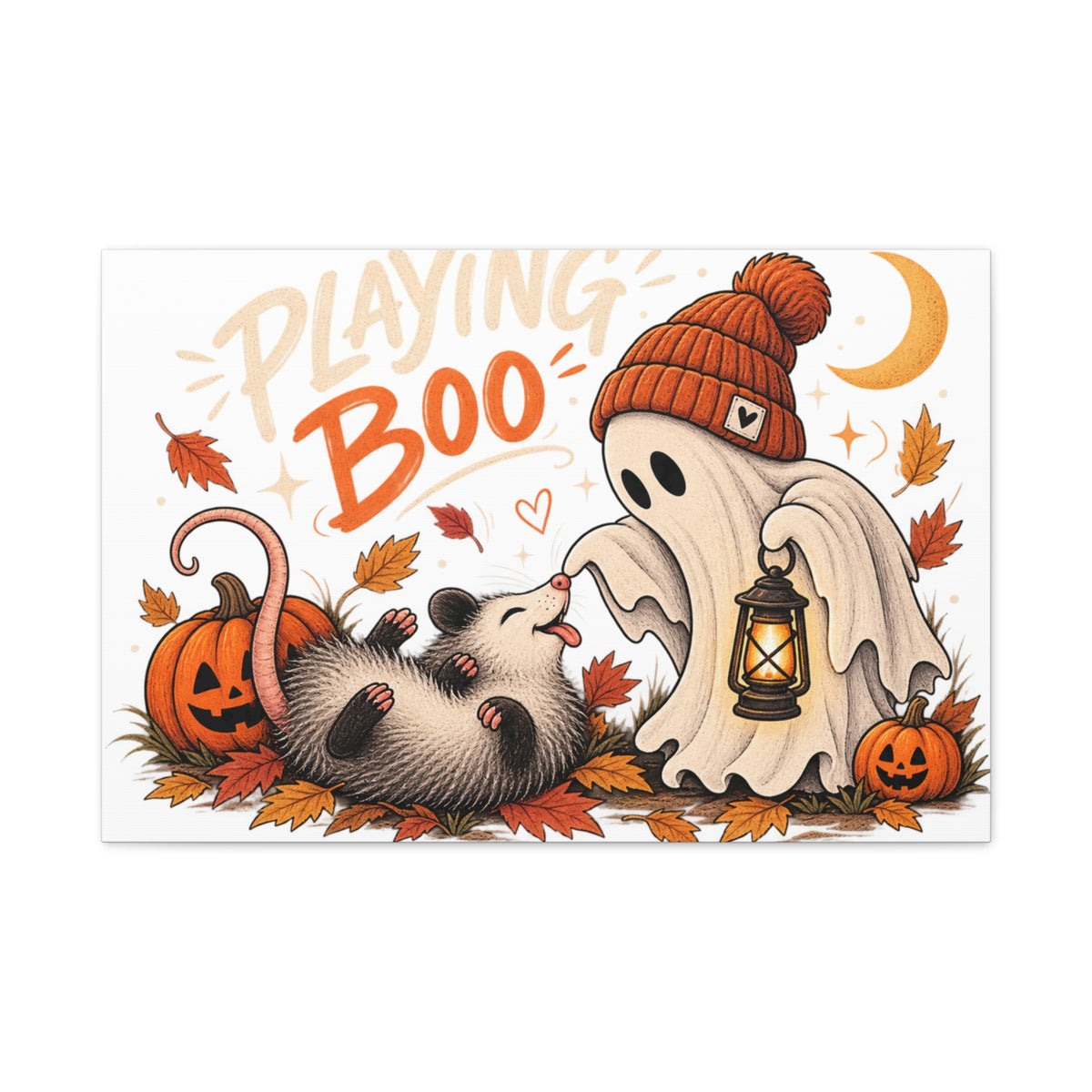 Playing Boo Canvas Wall Art — Cute Halloween Ghost & Possum Matte Stretched Print