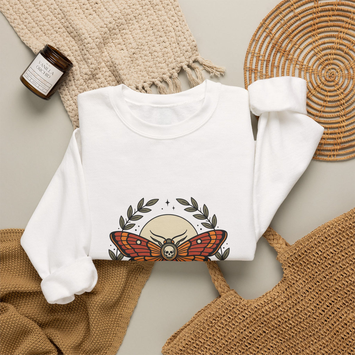 Moth & Roses Crewneck Sweatshirt | Traditional Tattoo-Inspired, Vintage Flash