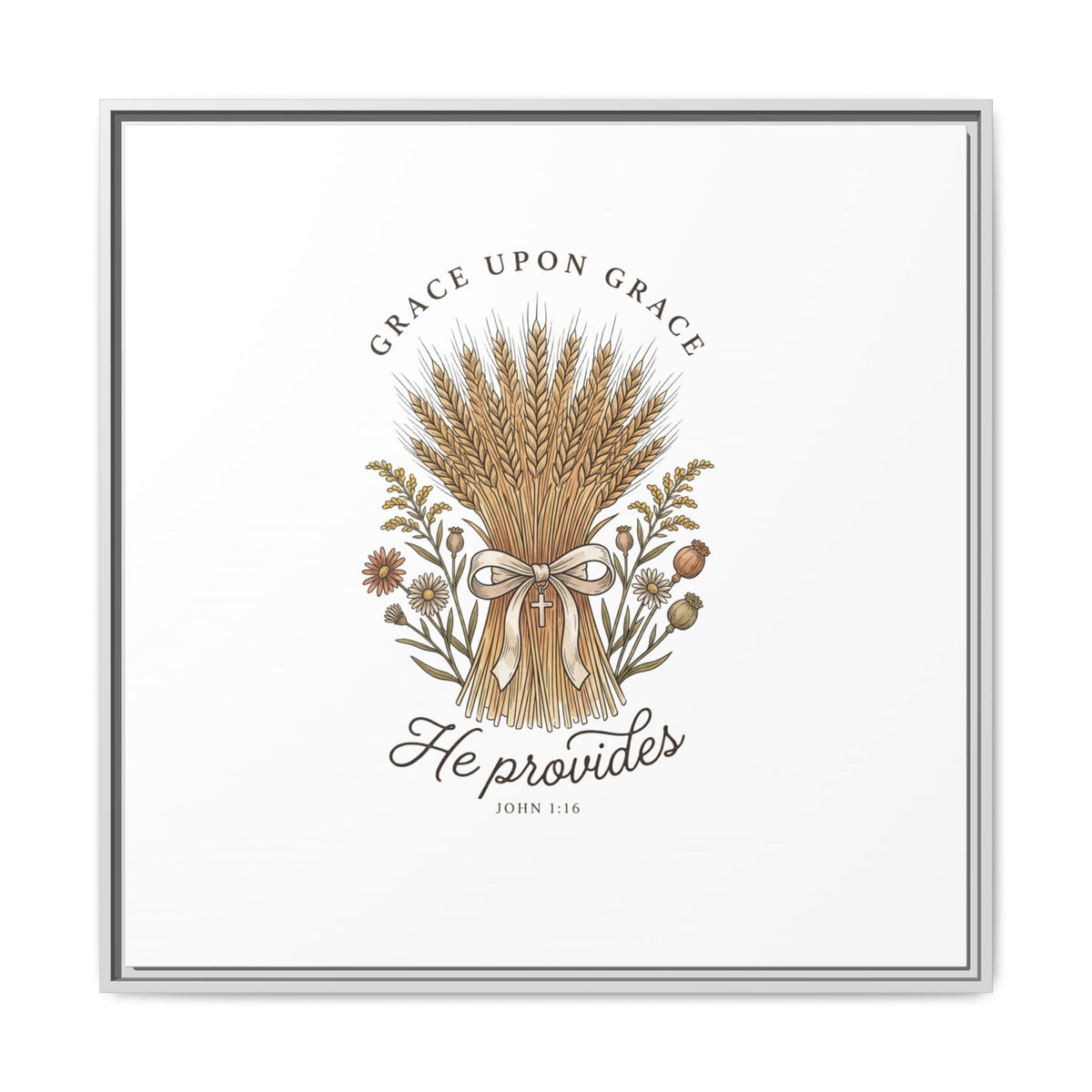 Framed Matte Canvas Wall Art — "He Provides" Wheat & Floral Religious Print