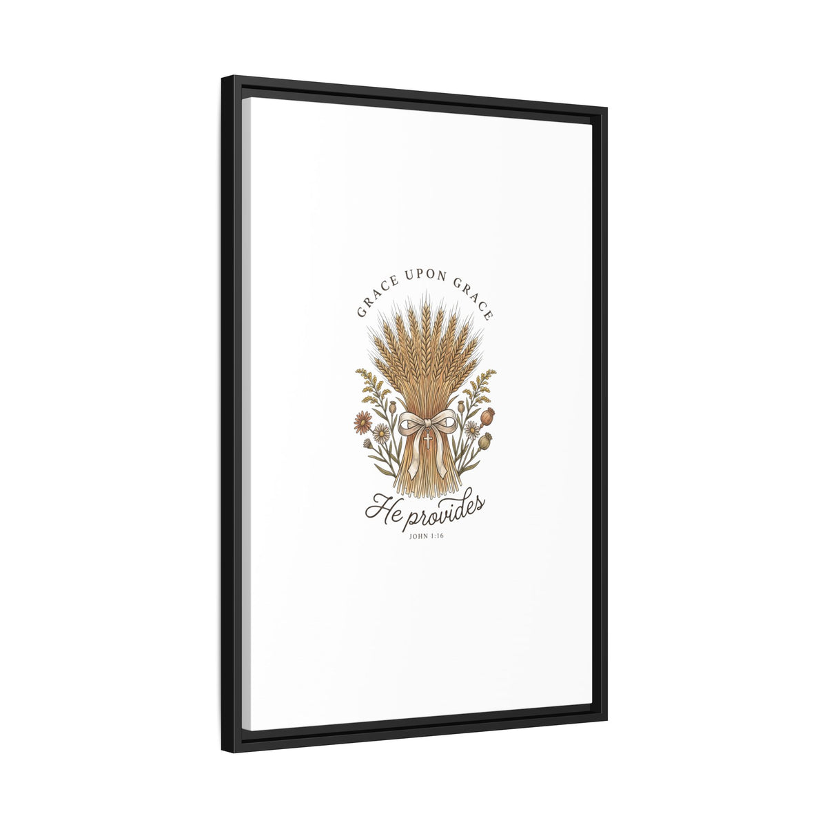 Framed Matte Canvas Wall Art — "He Provides" Wheat & Floral Religious Print